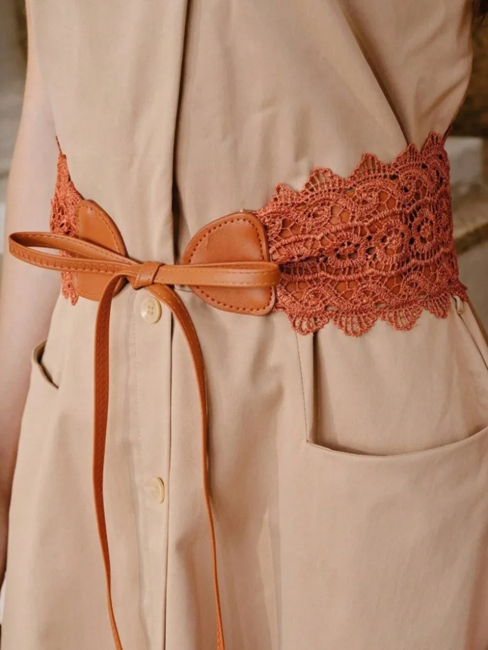 Rust Brown Crochet Lace Waist Belt with Tie Straps